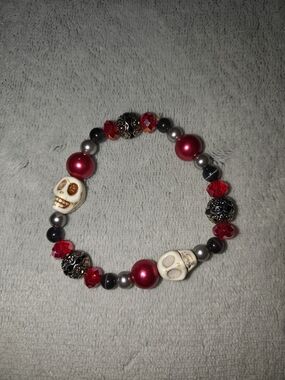 Red Skull Beaded Stretch Bracelet - Handmade Jewelry